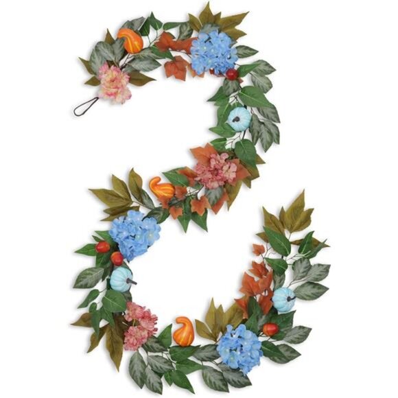 6ft Fall Hydrangea Garland with Blue Pumpkins – Autumn Artificial Floral - Picture 1 of 8
